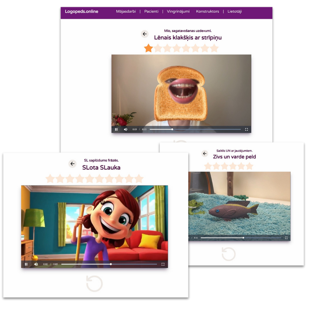 Logopeds.online interaktīvie videouzdevumi — tostermute, multene, zivs un varde